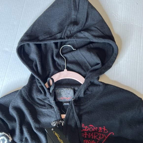 ED HARDY L Hooded Wool Blend Zip Knit Sweater Cardigan Scull LOVE KILLS SLOWLY - Picture 12 of 14